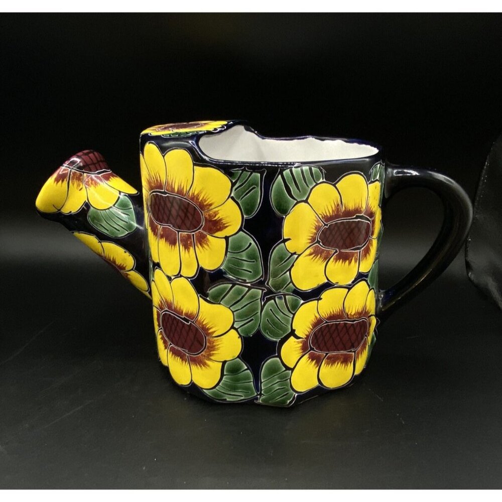 Talavera Sunflower Mexican Pottery Large Watering Can Folk Art